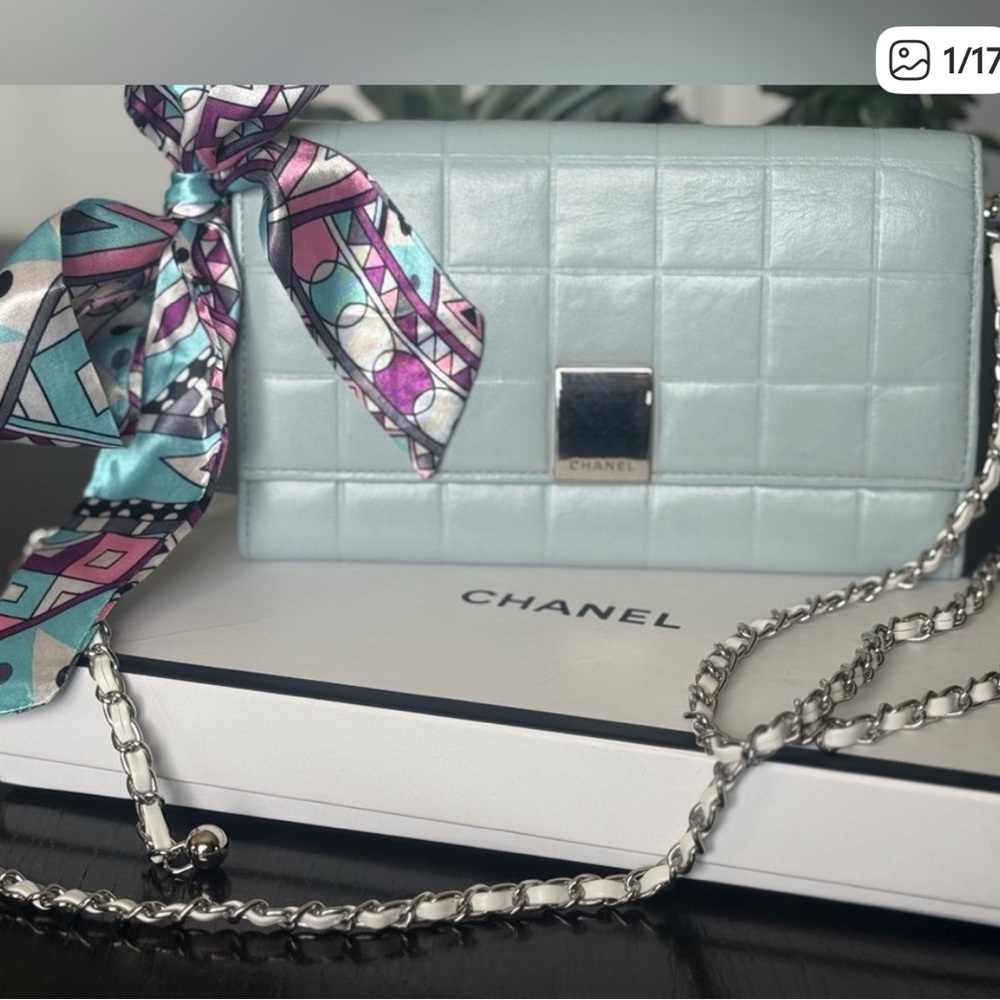 Chanel w/COA Pastel Blue Quilted Chocolate Bar Wallet/Clutch After Market Chain